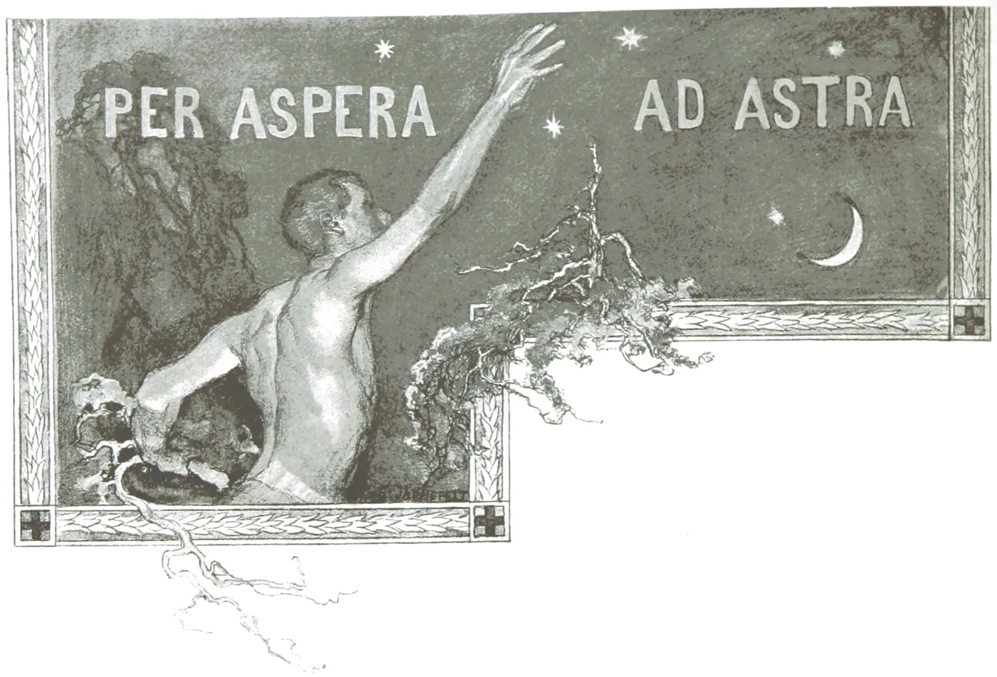 A figure climbing out of rock and reaching for the stars, under the words Per aspera ad astra